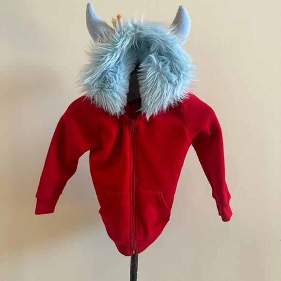 Red Hoodie Boys Girls Size 6 Whimsical Blue Horns Fur Bird Zip Up Handmade - Picture 1 of 10